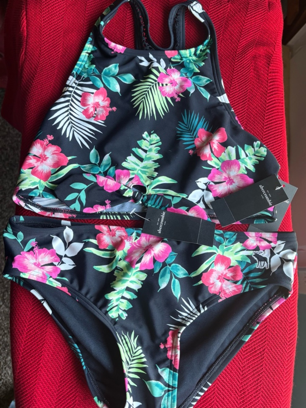 abercrombie kids Black Floral Bikini Set with Pink & Green size 15-16
